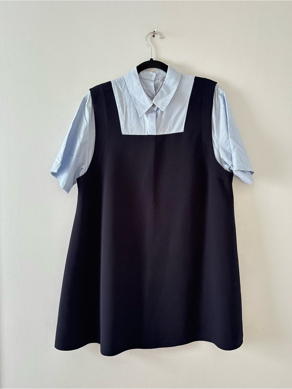Studio Tomboy Layered T-Shirt Dress Collared Stripe Flowy A-Line Korea Navy Blue